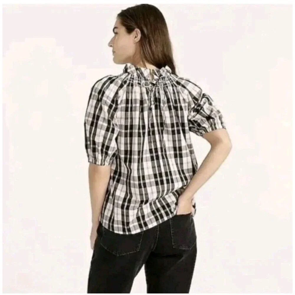 J Crew Smocked Neck Puff Sleeve Top In Friday Plaid Sz S Preppy Office Work